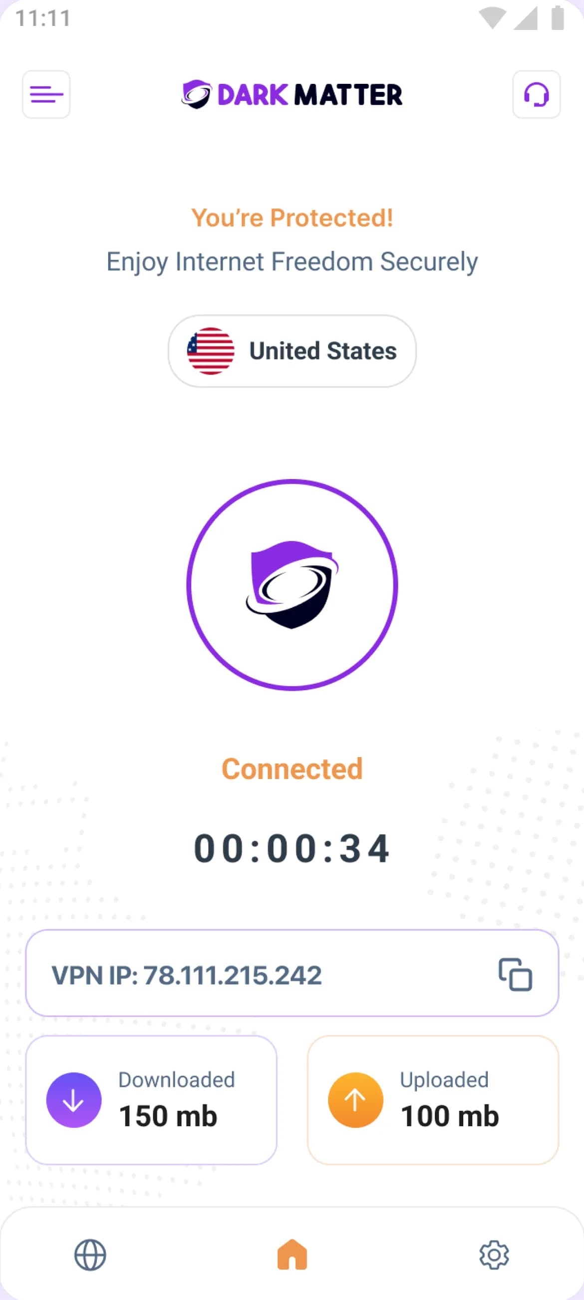 The DarkMatter app for Android on a phone, connected to the United States.