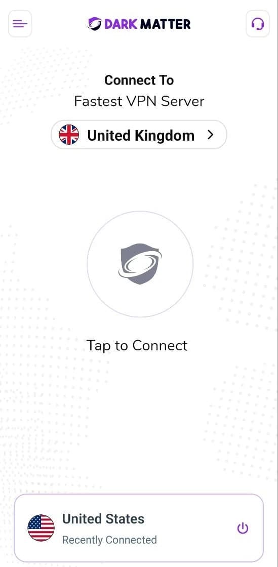 The DarkMatter app for Android on a phone, not connected yet, with the United Kingdom chosen.