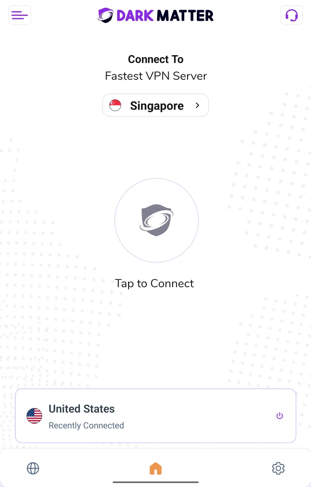 The DarkMatter app for Android on a tablet, not connected yet, with Singapore chosen.