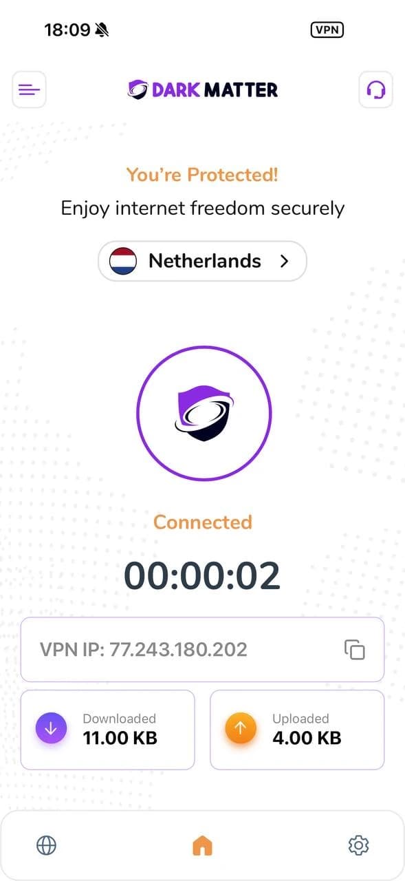 The DarkMatter app for iPhone, connected to the Netherlands.