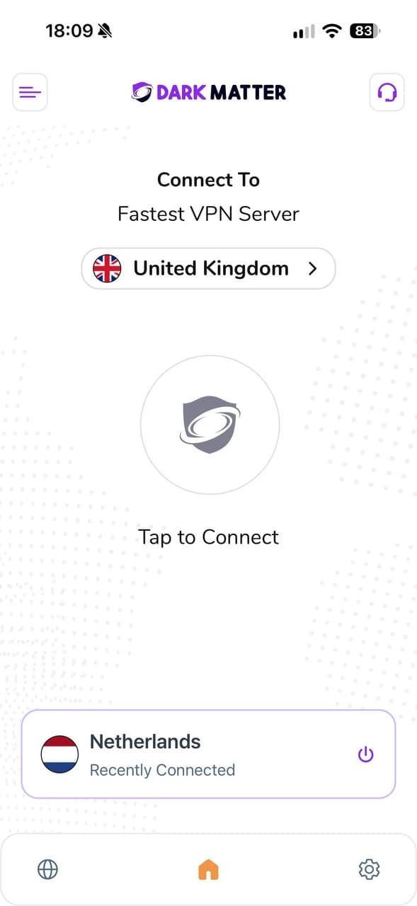 The DarkMatter app for iPhone, not connected yet, with the United Kingdom chosen.