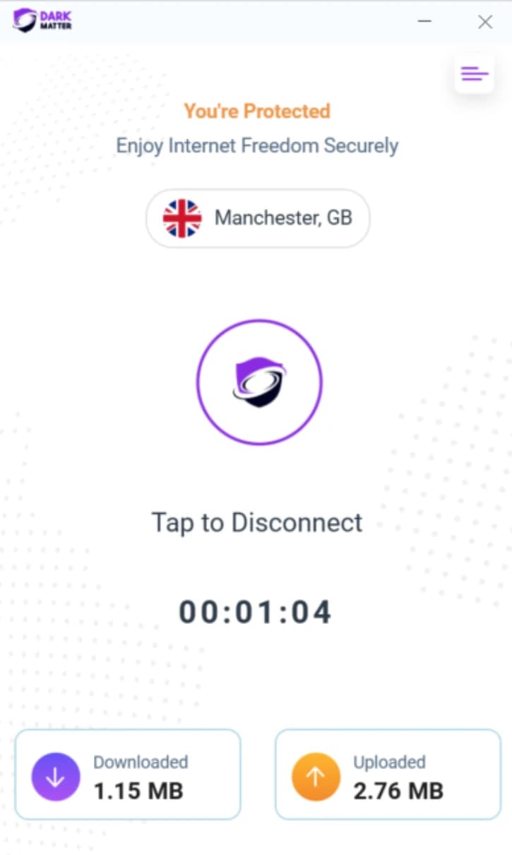 The DarkMatter app for Windows, connected to Manchester in the United Kingdom.