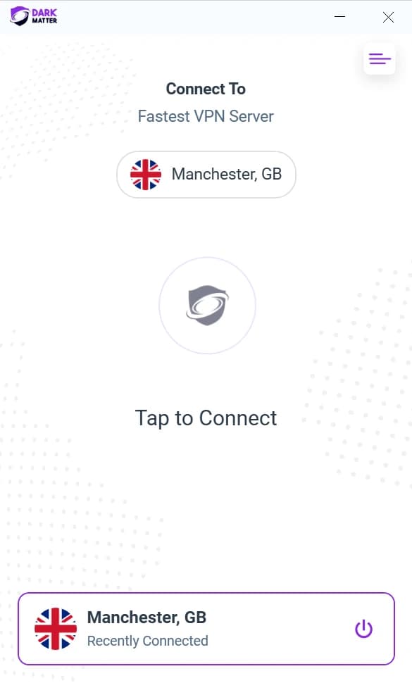 The DarkMatter app for Windows, not connected yet, with Manchester in the United Kingdom chosen.